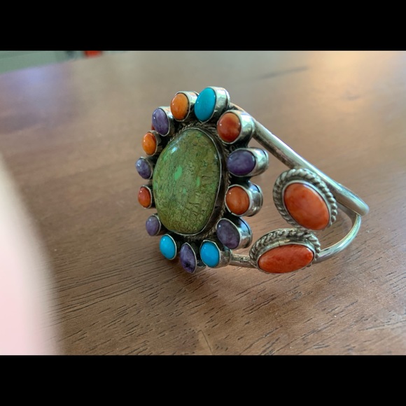 Turquoise sterling cuff, coral, coral, charoite - Picture 5 of 6